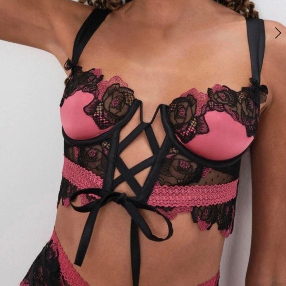 For Love And Lemons Ivy Black and Pink Lace Bra/Corset